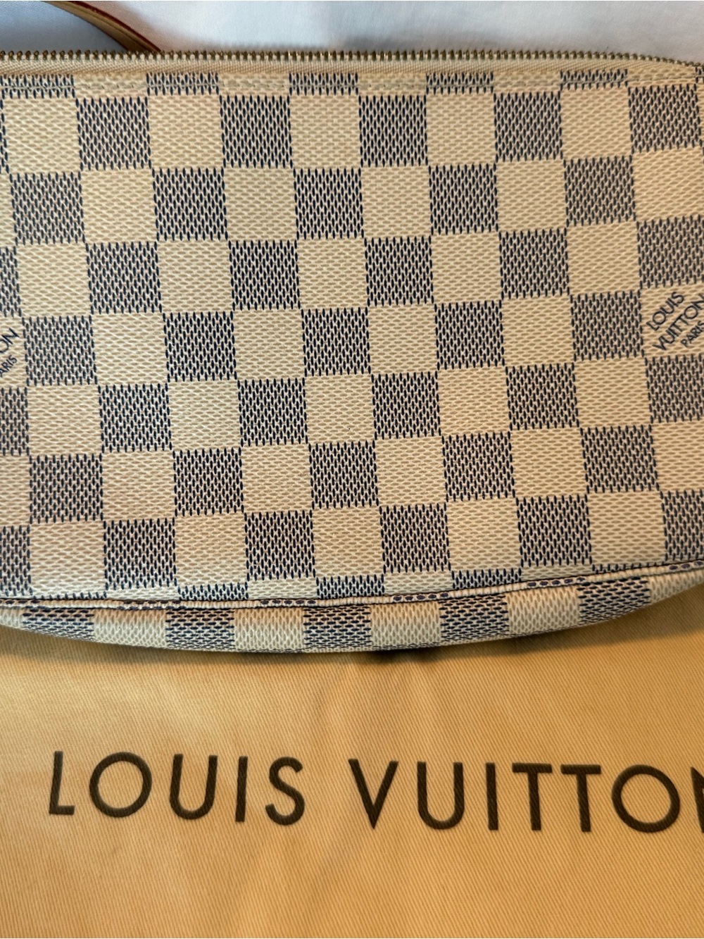 Louis Vuitton Damier Azur Wristlet in White and Beige with Tan Strap - Picture 15 of 15
